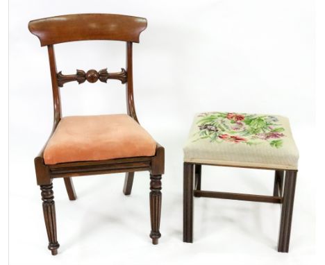 A reproduction George III style mahogany dressing stool, with tapestry seat, on moulded square legs, 42cm square x 42cm high 