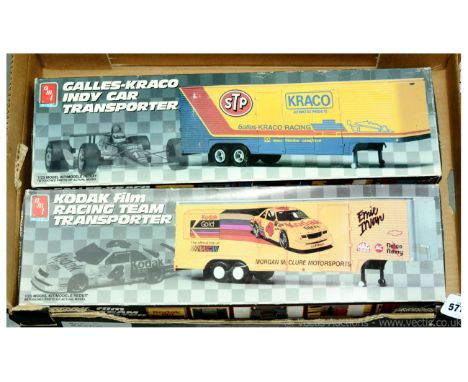 AMT 1/25th scale Racing Car Transporter plastic kits - comprising Kodak Film and Galles Kraco Indy Car Transporter - both are