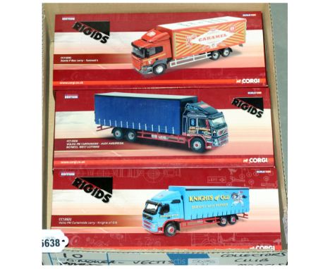 Corgi a boxed 1/50th scale group (Rigids Series) comprising of CC13522 Volvo FM Curtainside Lorry "Knights of Old" numbered c