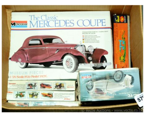 Monogram and Keilkraft plastic model vehicle kits in various scales - Monogram 1/24th scale kits include 1931 Rolls Royce, 19