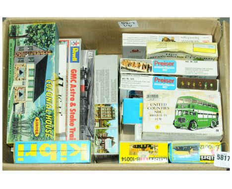 Revell, Kibri, Preiser and other HO Scale plastic kits - buildings include Revell Bank and Hardware Shop, Aurora Colonial Hou