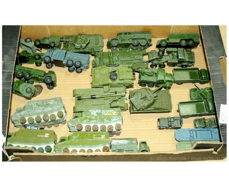 Dinky Toys Shado 2 models and Military vehicles - lot comprises 4 x Shado 2 vehicles, lacking tracks.  Dinky Military Trucks 