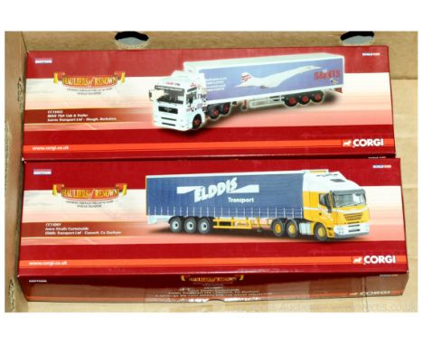 Corgi a boxed pair of 1/50th scale (Hauliers of Renown Series) comprising of CC15001 Iveco Stralis Curtainside "Elddis Transp