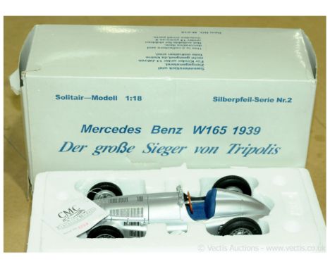 CMC 1/18th scale Mercedes Benz W165 of 1939 - well detailed model - silver - Excellent Plus and comes in a Fair card box (som