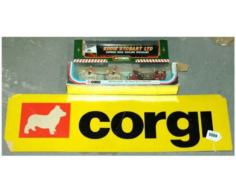 Corgi a boxed group along with a cardboard Shop Display Sign comprising of a 59504 Volvo Curtainside Trailer "Eddie Stobart L