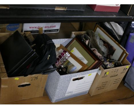 Three boxes of pictures, briefcase, glassware, hats etc