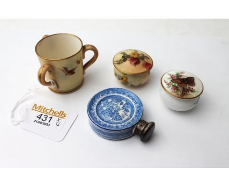 Late 19th century blue and white ceramic scent bottle with silver top, Royal Worcester mug, Worcester trinket box and trinket