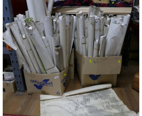 Two boxes of rolled 19th century 1:2,500 scale OS maps covering Cumberland