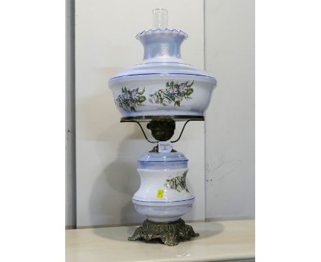 Ceramic floral oil lamp with glass shade, 70 cm high