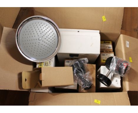 Box of light fittings, mostly spotlight style, and large shower head