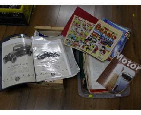 Two tubs of vintage magazines, comics, newspaper clippings and ephemera