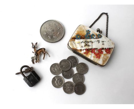 Deer brooch, £5 coin, padlock and vintage child's purse 