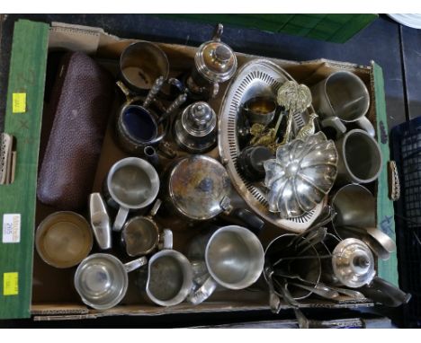 Box of silver plate, pewter tankards, hip flask cutlery etc