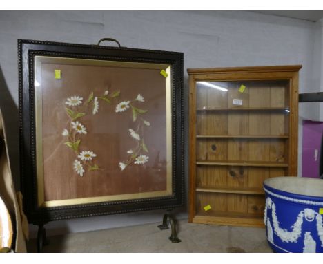 Glazed wall hanging display cabinet and embroidered firescreen
