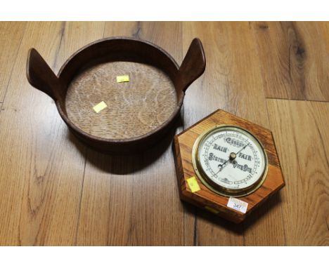 Vintage oak barometer and wooden open bowl