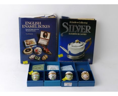 Collectors Guidebooks for Silver and English Enamel Boxes and four Halcyon Days Easter Egg Pillboxes