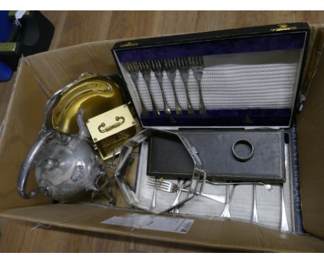 Box of plated ware, cutlery, brass carriage clock etc
