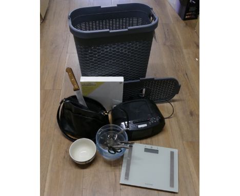 Addis rattan effect laundry hamper containing CD player, picture frame, handbag, scales etc
