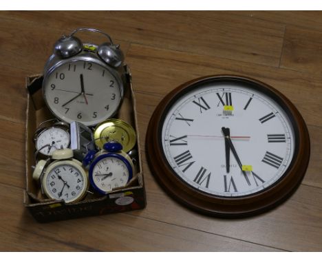 Widdop wall clock, 46 cm diameter, and box of alarm clocks