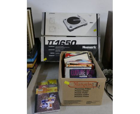 Boxed Numark Model TT1650 Professional turntable and quantity of vinyl singles and CD's