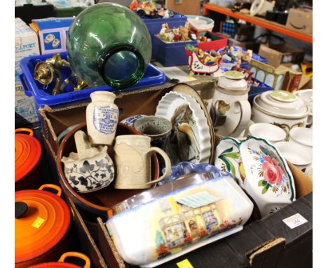 Brass ceiling light fittings, flan dishes, jugs, planters etc