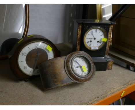 Slate and marble mantel clock and two wooden mantel clocks
