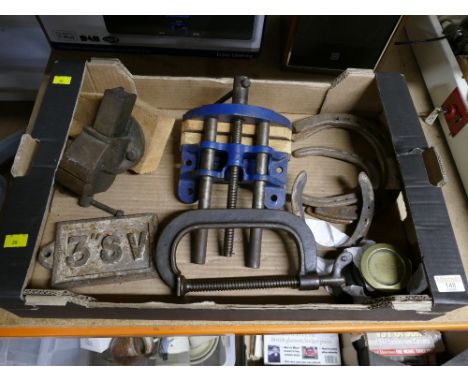 Record bench vice, Record 00 bench vice, clamps, horseshoes, weights etc