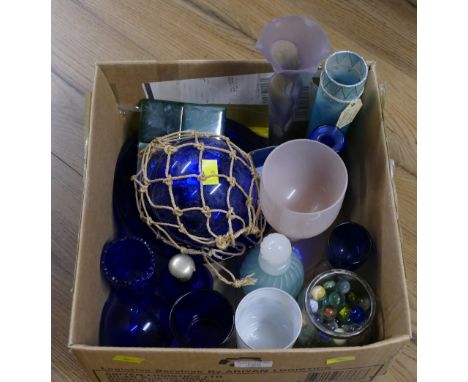 Bristol blue glassware, jar of marbles, coloured Art Glass etc