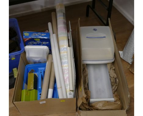 Three boxes of posters, Tupperware, light fitting etc