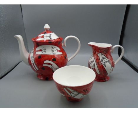 Josie Firmin hand painted cat design tea service incl teapot, sugar bowl and milk jug