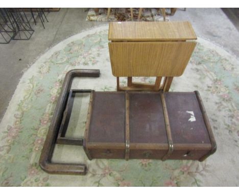 Retro drop leaf table, vintage trunk and 2 fireplace fenders 