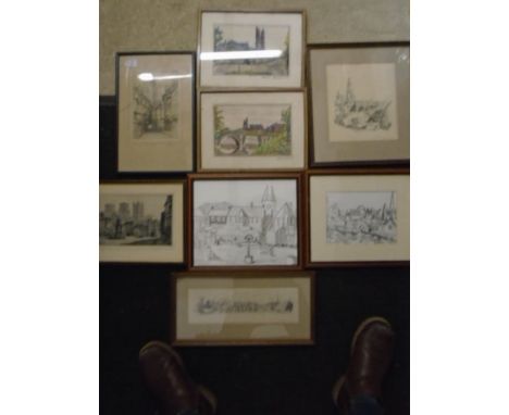 Various framed sketches, watercolours and prints of various churches and cathederals