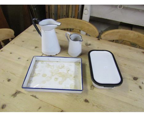 2 enamel jugs, tray and oven dish with lid