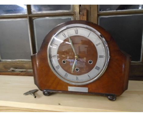 1950's Smiths mantle clock with original key and plague presented to a F.S Miller for 45 years service with British Rail
