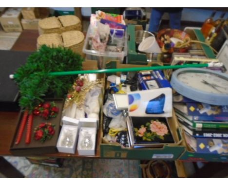  job lot of sundries to include baskets, phones, camera, xmas decorations, briefcase, clock, linen prop etc etc