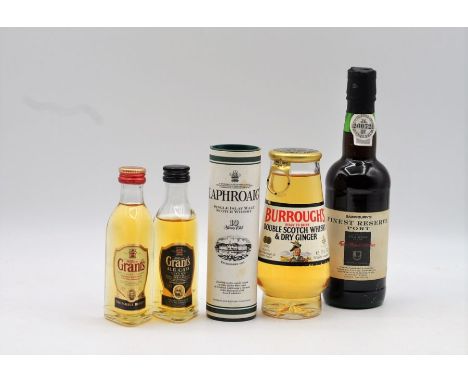 Miniatures of grant's whisky (2); Laphroaig 10yr old malt whisky; Burrough's Double Scotch Whisky and 20cl bottle of Sainsbur