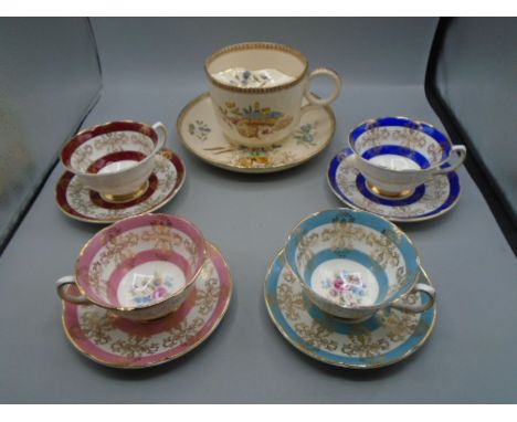 Staffordshire J.F.W seasons large vintage moustache cup and saucer and 4 cabinet cup and saucers by Royal Grafton