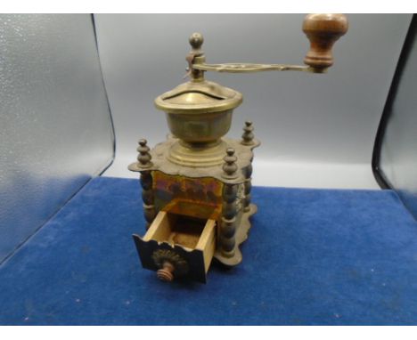 A brass coffee grinder with wooden drawer H27cm approx