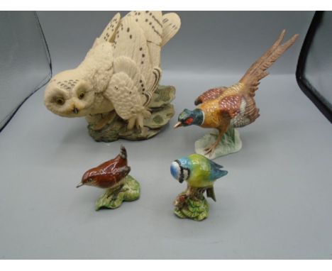 Goebel pheasant, 2 Beswick birds and a large owl (repaired on wing)
