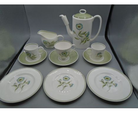 Susie Cooper 'Katina' coffee set for 3 comprising a coffee pot, 3 cups and saucers and 3 side plates and a milk jug