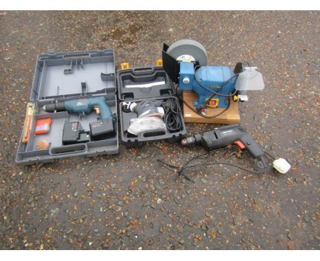 Power tools including drills, sander and bench grinder 