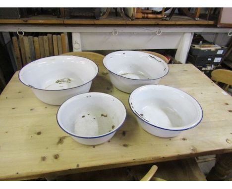 4 enamel wash bowls. Large bowl is approx 45cm across 