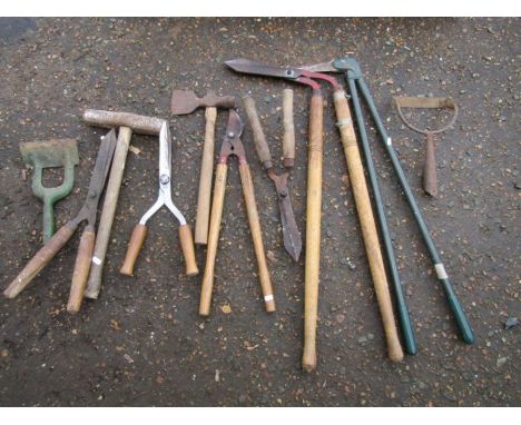 Garden tools including shears and axe etc 