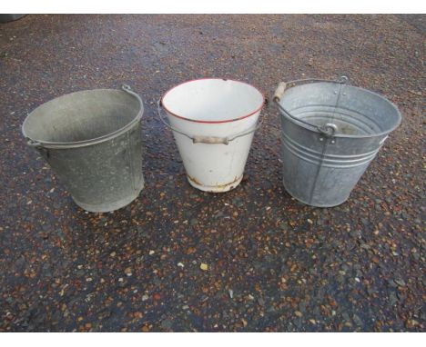 2 galvanised buckets,1 enamel bucket, small metal watering can and a terracotta  pot