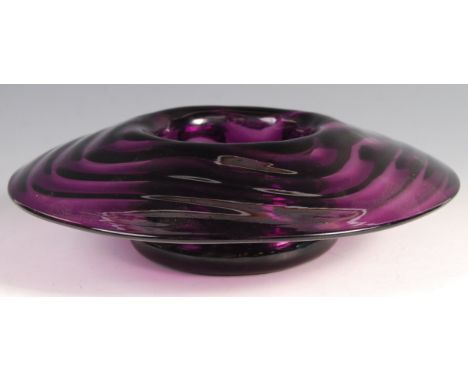 A large heavy mid 20th century retro vintage studio art glass centrepiece / console bowl. The bowl having a wide rolled edge 