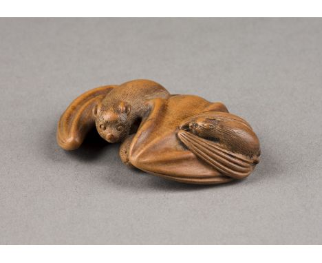 EIN HOLZGESCHNITZTES NETSUKE VON ZWEI FLEDERMÄUSEN Japan, wohl 19. Jahrhundert Holz. L. 5 cm. Das Netsuke ist als zwei Fleder