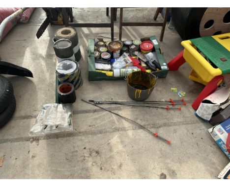 AN ASSORTMENT OF ITEMS TO INCLUDE ROLLS OF FLASHING, PAINTS AND A FORK ETC 