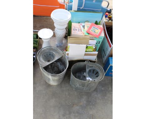 AN ASSORTMENT OF ITEMS TO INCLUDE TWO GALVANISED MOP BUCKETS AND TWO CERAMIC JARDINAIRES ETC 