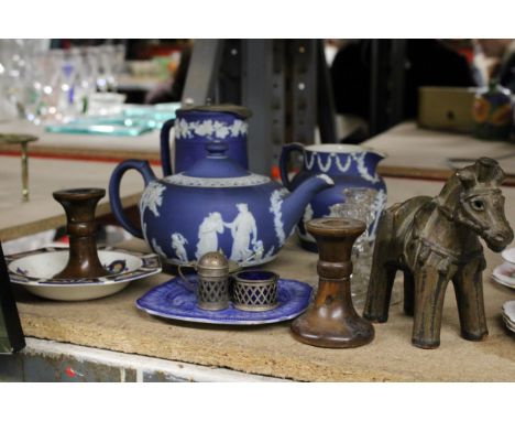 THREE PIECES OF DARK BLUE WEDGWOOD JASPERWARE TO INCLUDE A TEAPOT, PEWTER LIDDED JUG AND MILK JUG, PLUS AN EPNS CONDIMENT SET