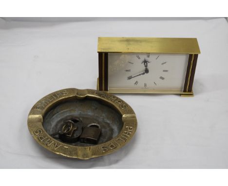 A VINTAGE BRASS, GERMAN MANTLE CLOCK, A LARGE PHILIPS LAMPS ASHTRAY PLUS TWO PADLOCKS 